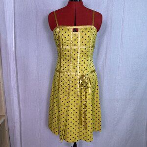 Barami Womens  Dress Yellow Polka Dot Tie Waist Fit and Flare Size 8 Mini E432